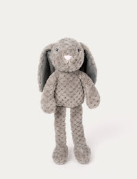 Soft plush bunny with textured grey fur, long floppy ears, embroidered eyes, and a stitched nose.