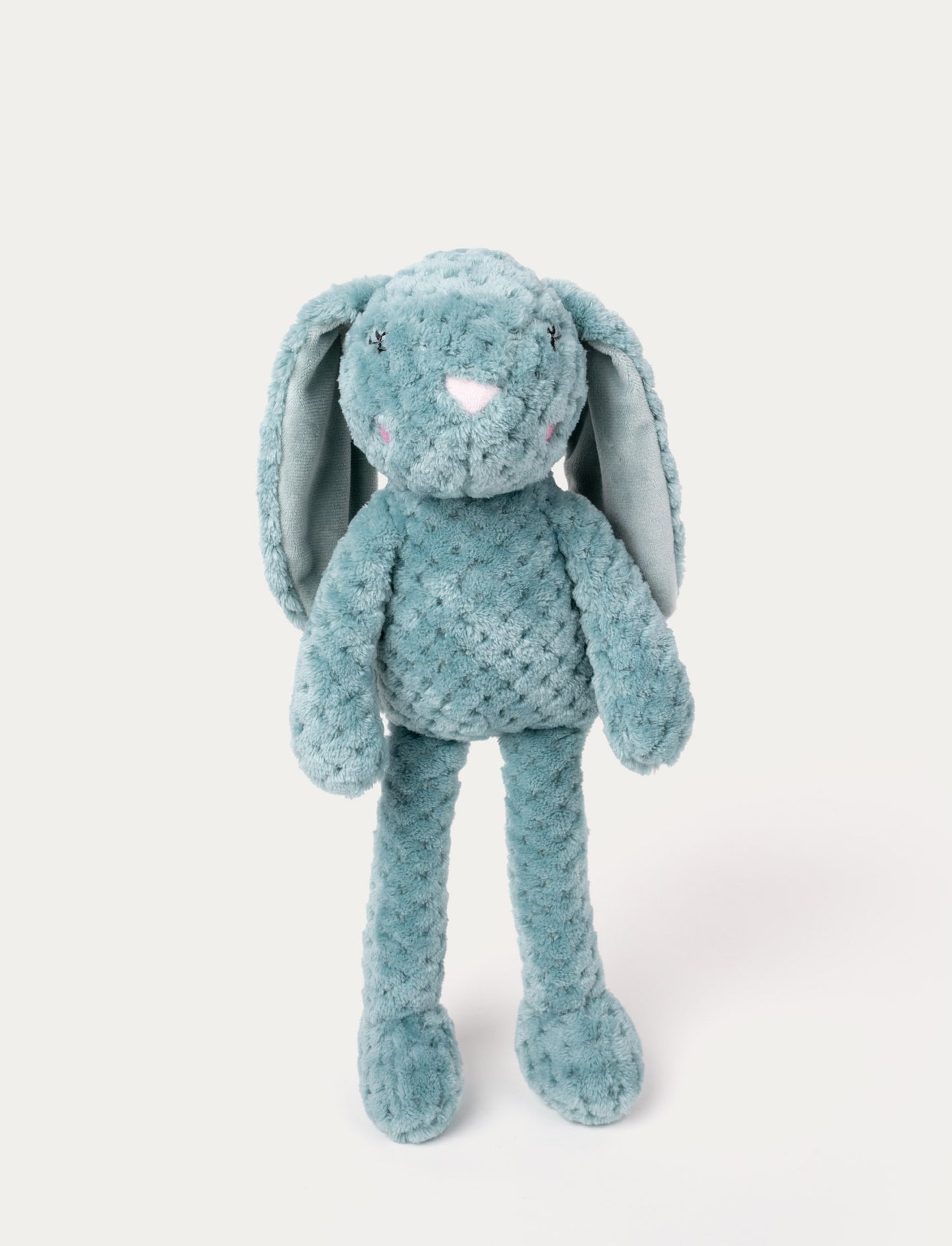 Soft plush bunny with textured teal fur, long floppy ears, embroidered eyes, and a stitched nose.