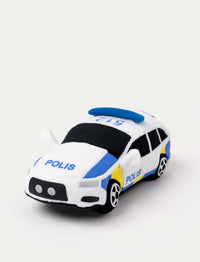 A plush police car with soft fabric, detailed design, and a playful appearance.