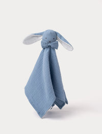 A soft blue baby blanket with a plush bunny,white details and cotton fabric