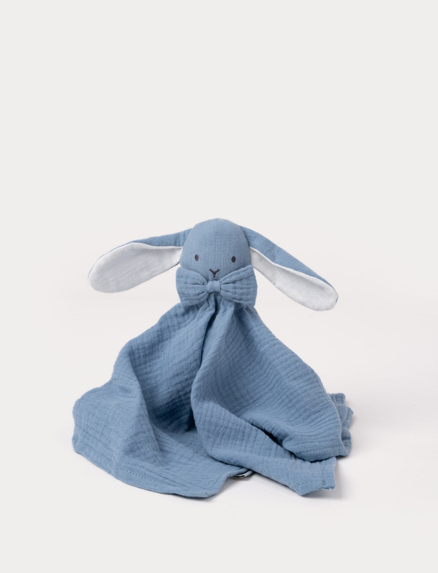  Image of A soft blue baby blanket with a plush bunny,white details and cotton fabric