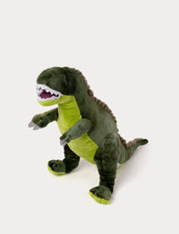 Soft plush T-Rex with dark and light green fur, black bead eyes, a row of soft spikes, and an open mouth with white teeth.