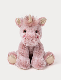Soft plush unicorn with dusty pink fur, a golden horn, glittery ears and hooves, and a fluffy mane.