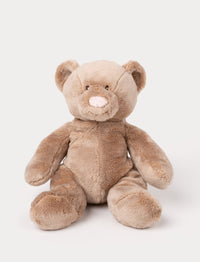 A small teddy bear with short, plush brown fur and carefully stitched details.