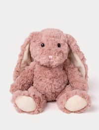 Soft plush bunny with fluffy dusty rose fur, floppy ears, black bead eyes, and a pink stitched nose.