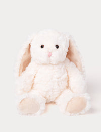 Soft plush bunny with fluffy white fur, floppy ears, black bead eyes, and a pink stitched nose.