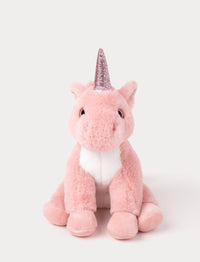 A pink unicorn with velvety fur, a sparkling horn, and a fluffy mane and tail.