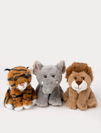 Three plush safari animals—a tiger, an elephant, and a lion—sitting side by side.