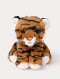 A tiger with orange fur and black stripes, kind eyes, and a comforting expression.