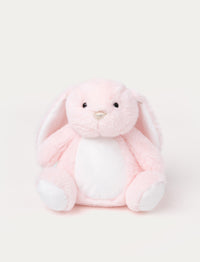 A pink and white bunny that glows in the dark, providing comfort and reassurance at night.