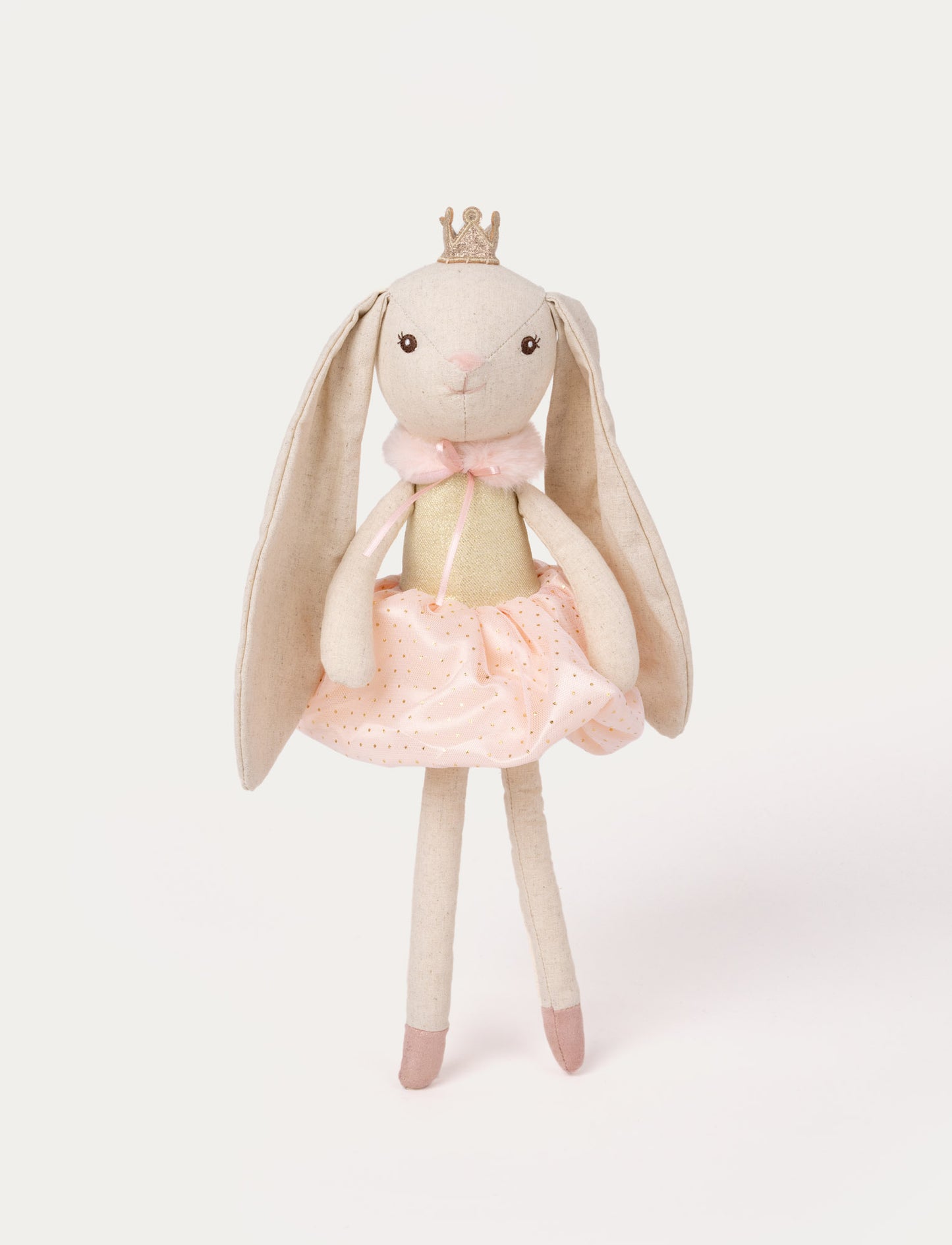 bunny ballerina doll wearing a gold crown, pink tutu, and ballet shoes with long floppy ears.