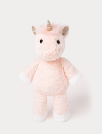 Soft pink plush unicorn with white hooves, a golden horn, glittery ears, and a fluffy mane.