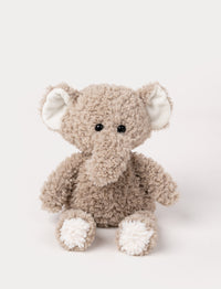 Soft plush elephant in warm grey with a long trunk, white feet, and large floppy ears with white inner lining.