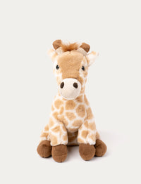 Soft plush giraffe with a light brown and cream spotted pattern, brown hooves, and a fluffy mane.