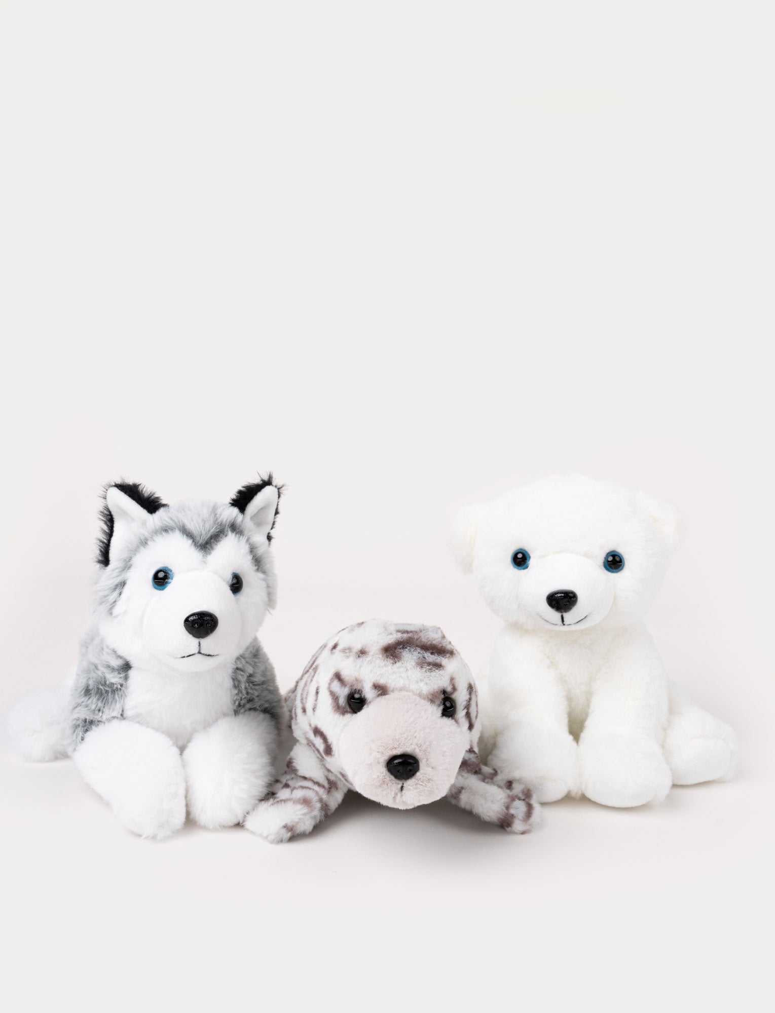  Image of Three plush animals—a husky, a spotted seal, and a polar bear—sitting side by side on a white background.