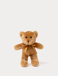 A teddy bear with warm brown fur, an embroidered nose, and an adorable satin bow.