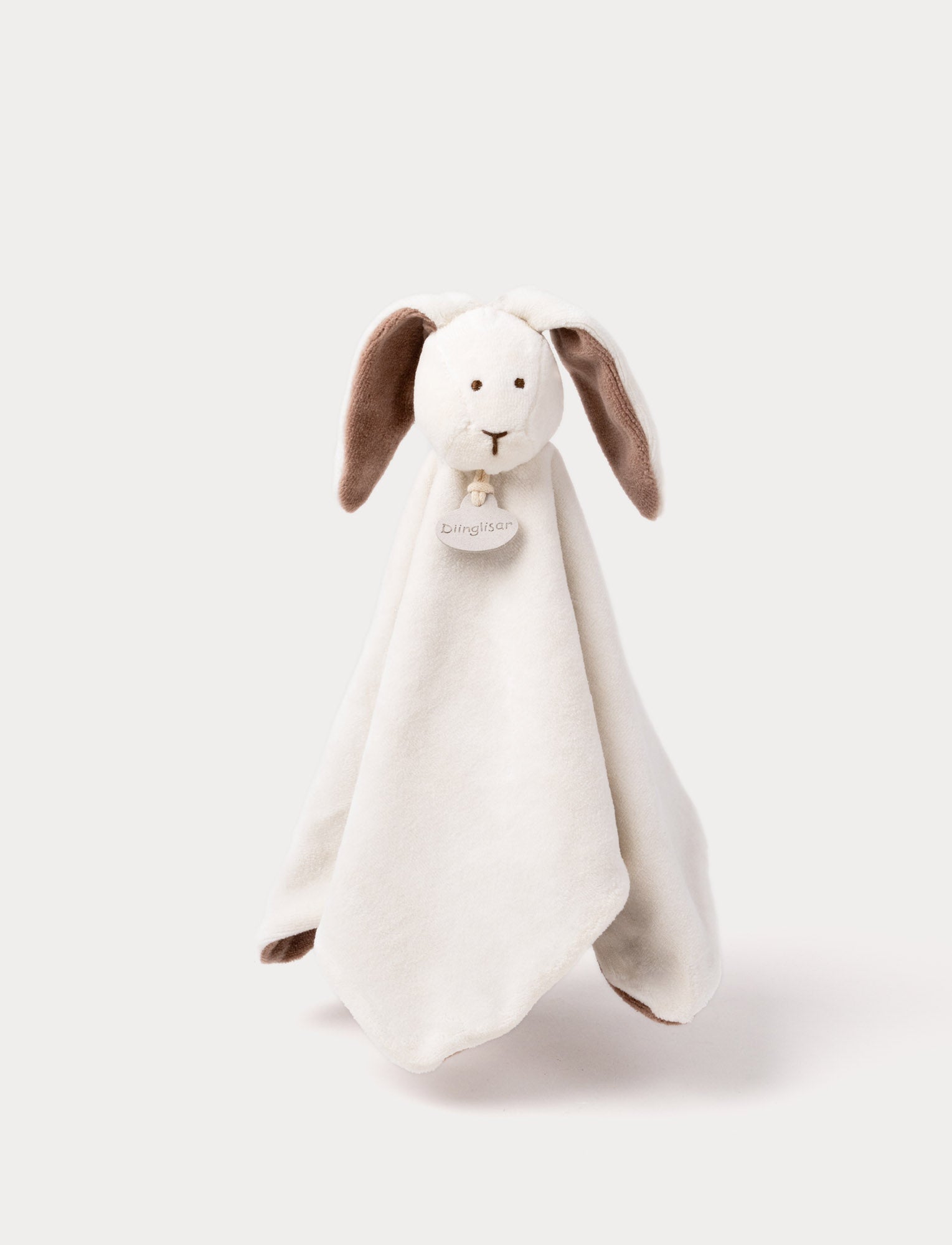  Image of A soft bunny baby blanket with white, and brown details and long floppy ears. 