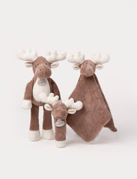 Set of three soft moose toys, including a plush, a rattle, and a comfort blanket.