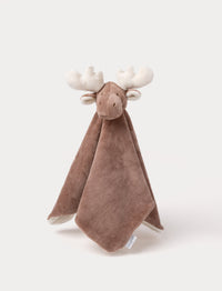A soft brown moose baby blanket with white antlers, a stitched face and white and brown details.