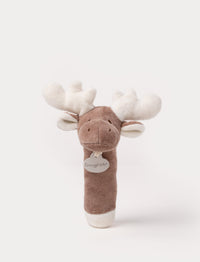 A plush moose rattle with a soft brown body, white antlers, and a stitched face