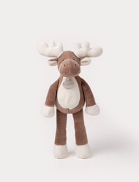 A soft brown plush moose, with white antlers, a stitched face and white and brown details.
