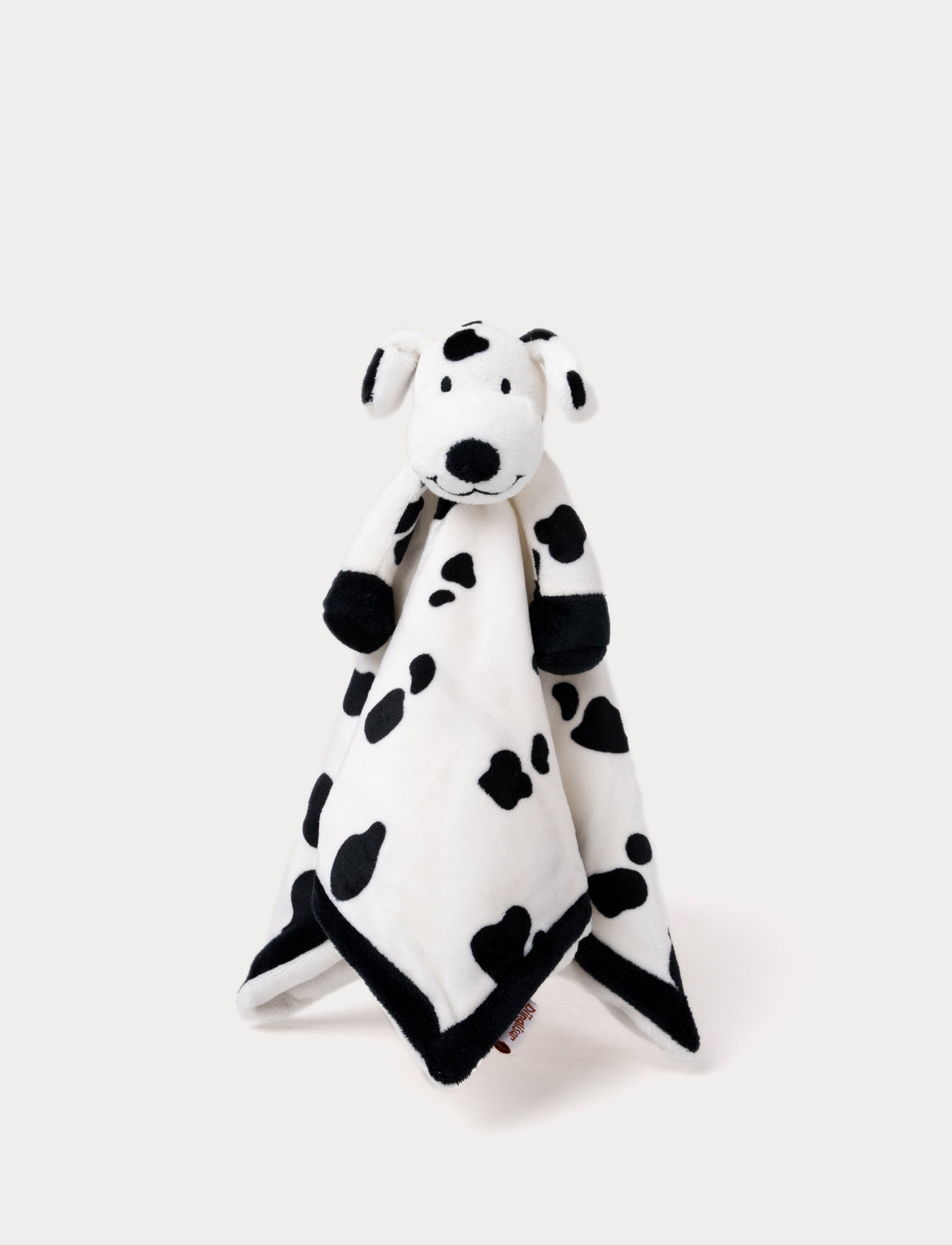  Image of Soft baby blanket with a plush Dalmatian head, black spots, and a black-trimmed edge.