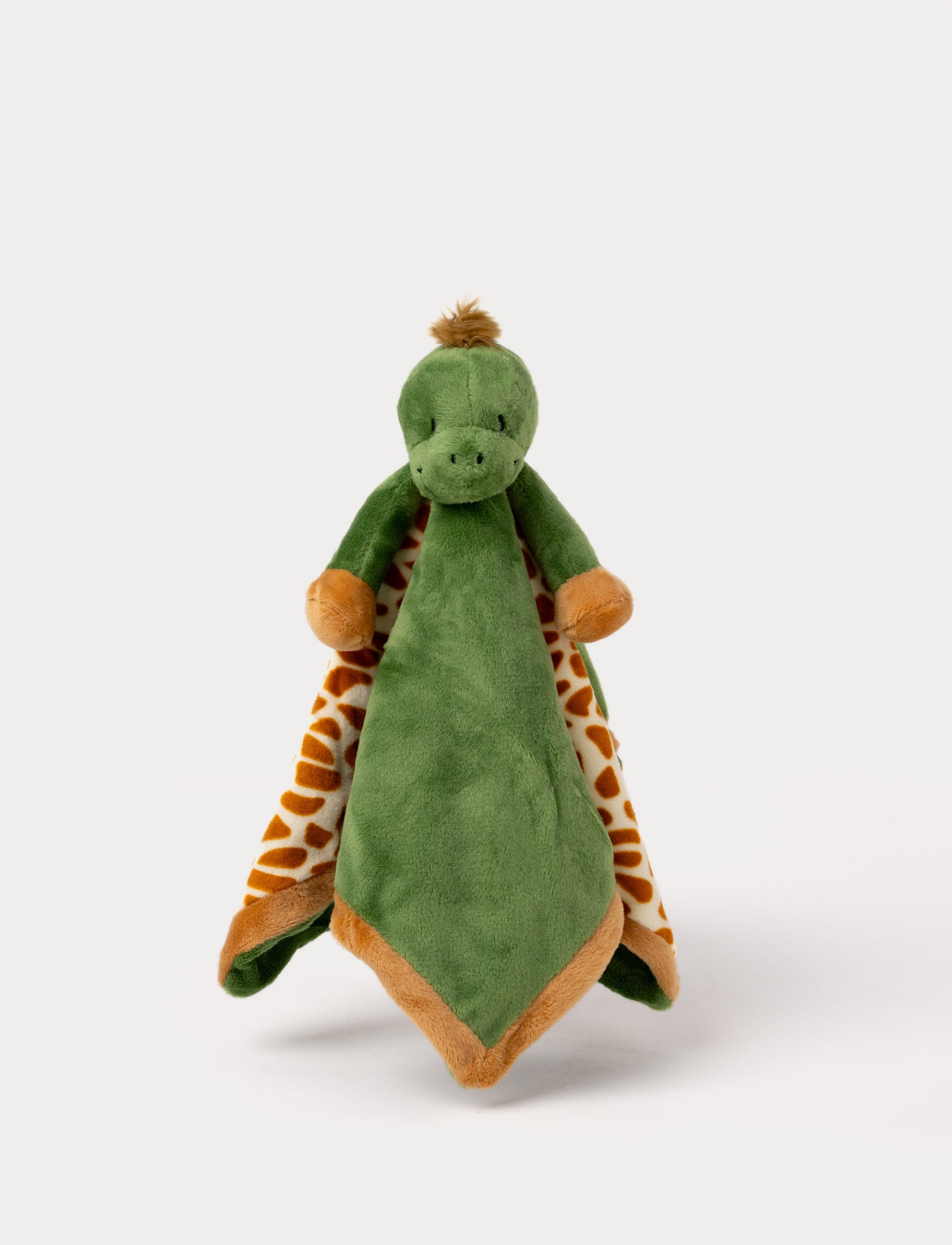 Soft baby blanket with a plush green turtle head, brown hooves, and giraffe-patterned backing.