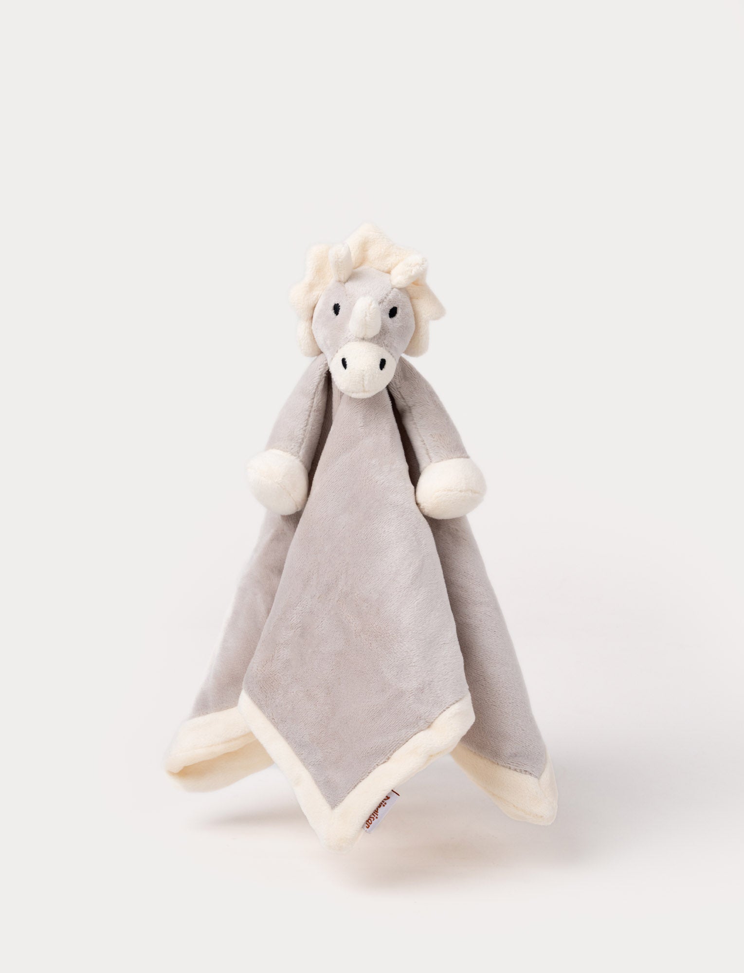  Image of Soft baby blanket with a plush gray dino head, white spikes, and cream-trimmed edges.
