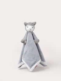 Soft baby blanket with a plush gray llama head, white face, and white-trimmed edges.