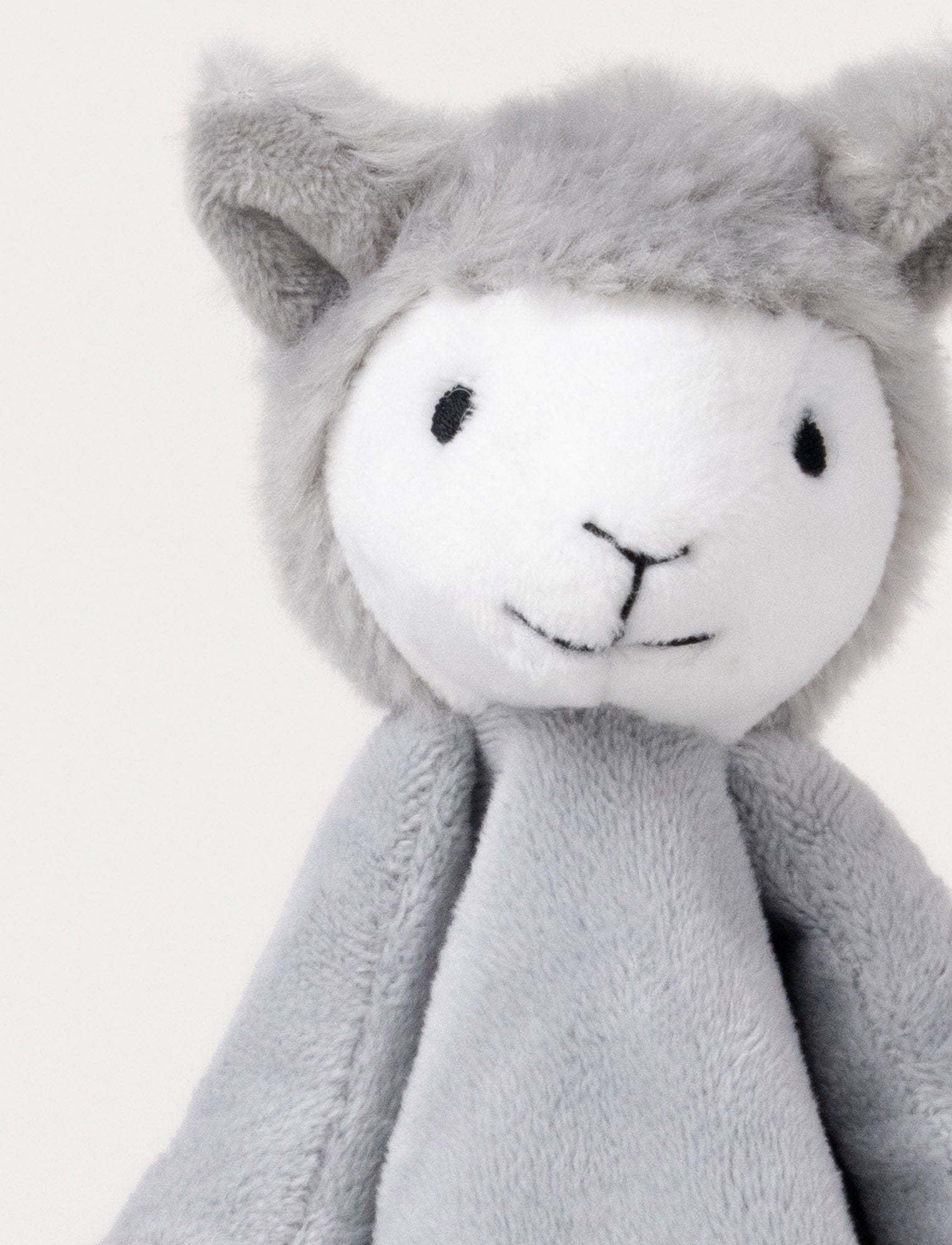  Image of Soft baby blanket with a plush gray llama head, white face, and white-trimmed edges.