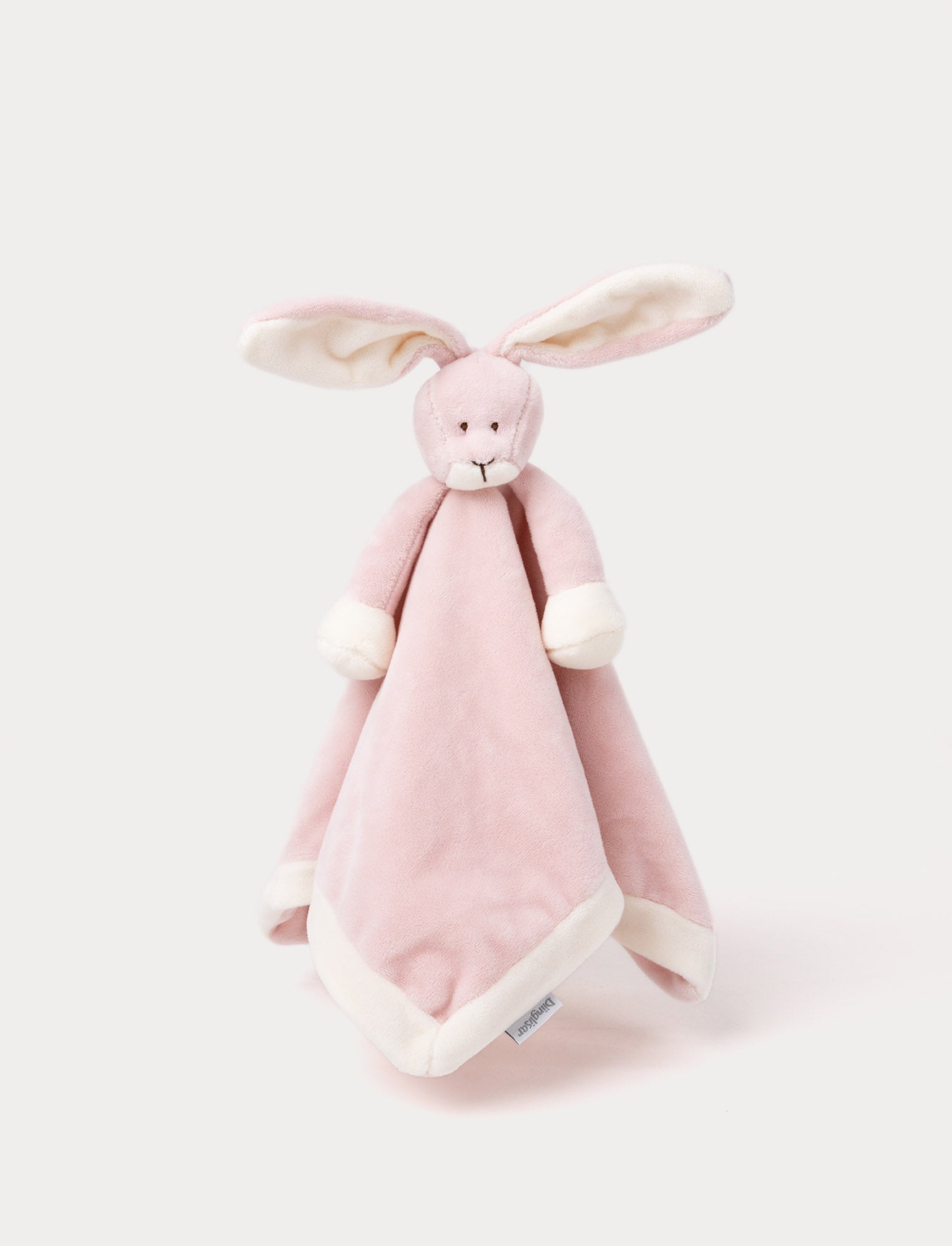  Image of Soft baby blanket with a plush pink bunny head, long floppy ears, and white-trimmed edges.