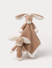 Set of two brown rabbit plush toys, including a rattle and a comfort blanket with a bunny head.