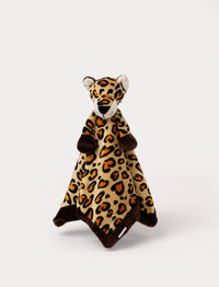 Soft baby blanket with a plush leopard head, spotted pattern, and dark brown trim.