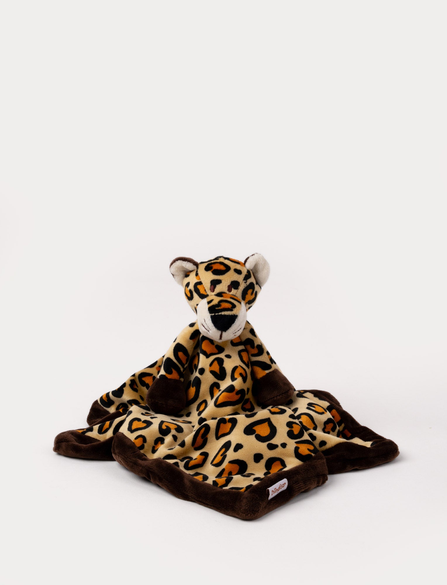  Image of Soft baby blanket with a plush leopard head, spotted pattern, and dark brown trim.