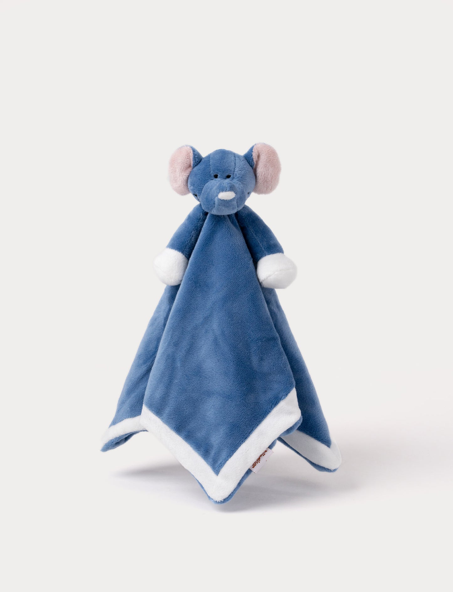 Soft baby blanket with a plush blue elephant head, pink ears, and white-trimmed edges.