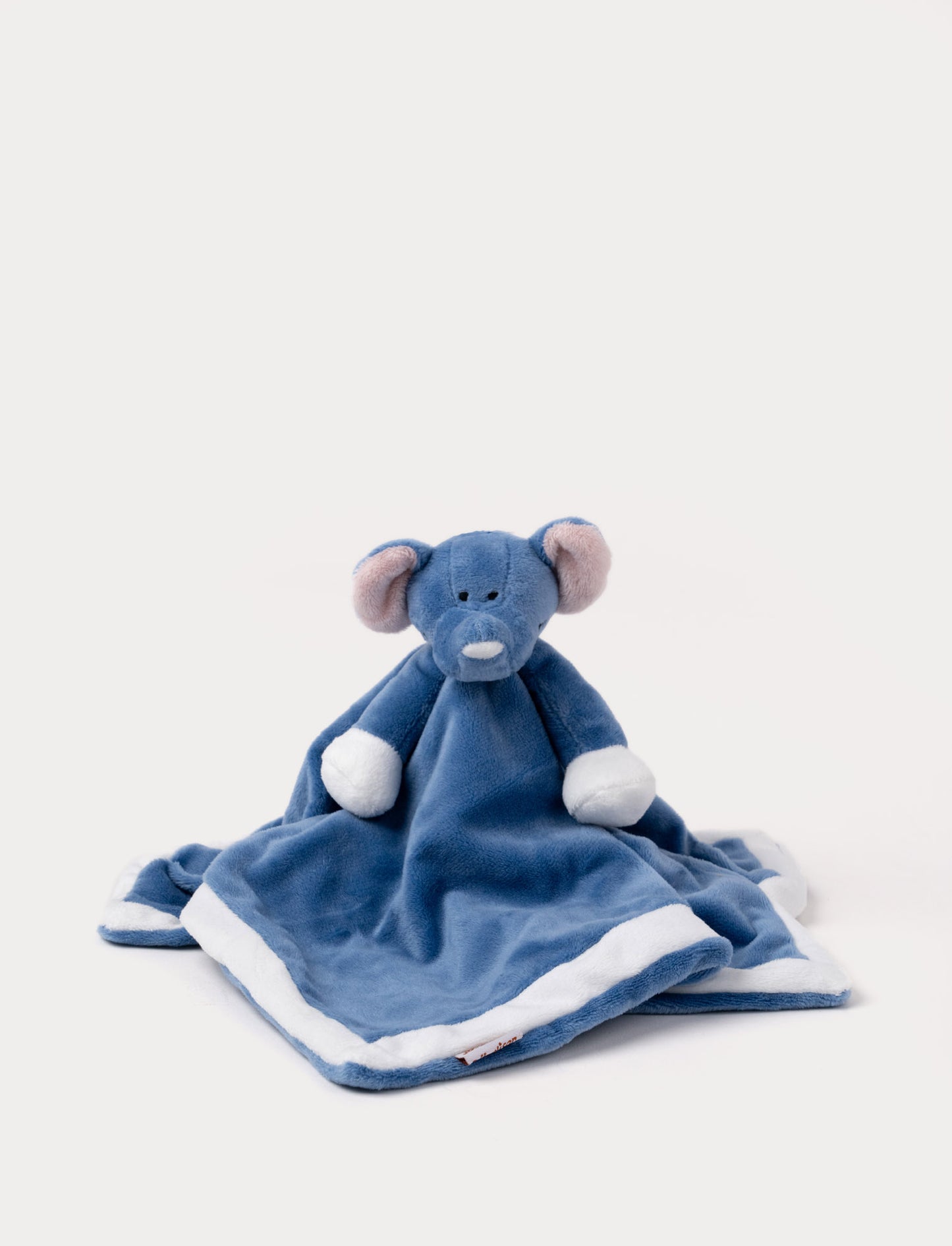 Soft baby blanket with a plush blue elephant head, pink ears, and white-trimmed edges.