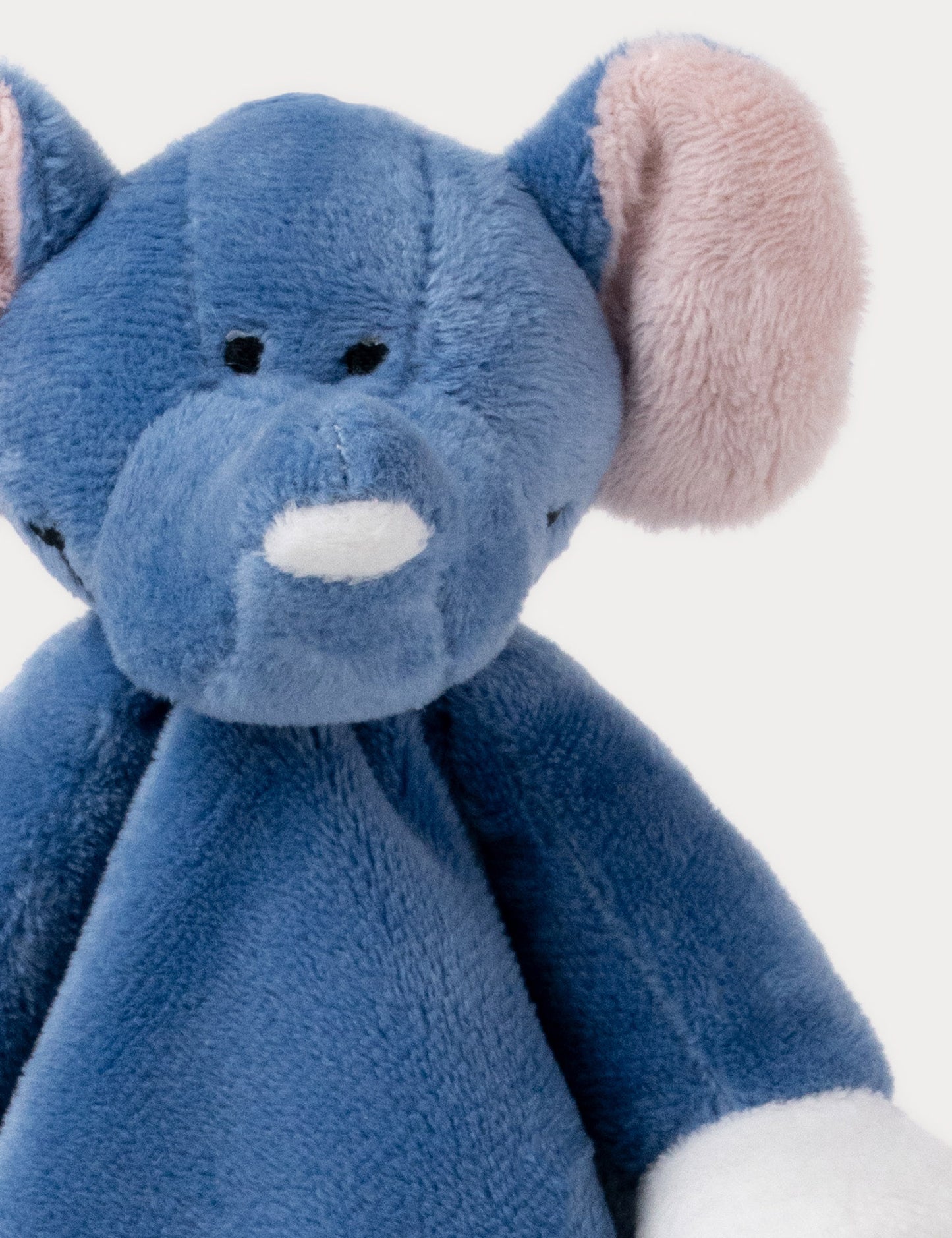 Soft baby blanket with a plush blue elephant head, pink ears, and white-trimmed edges.