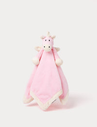 Soft baby blanket with a plush pink unicorn head, small wings, and white-trimmed edges.