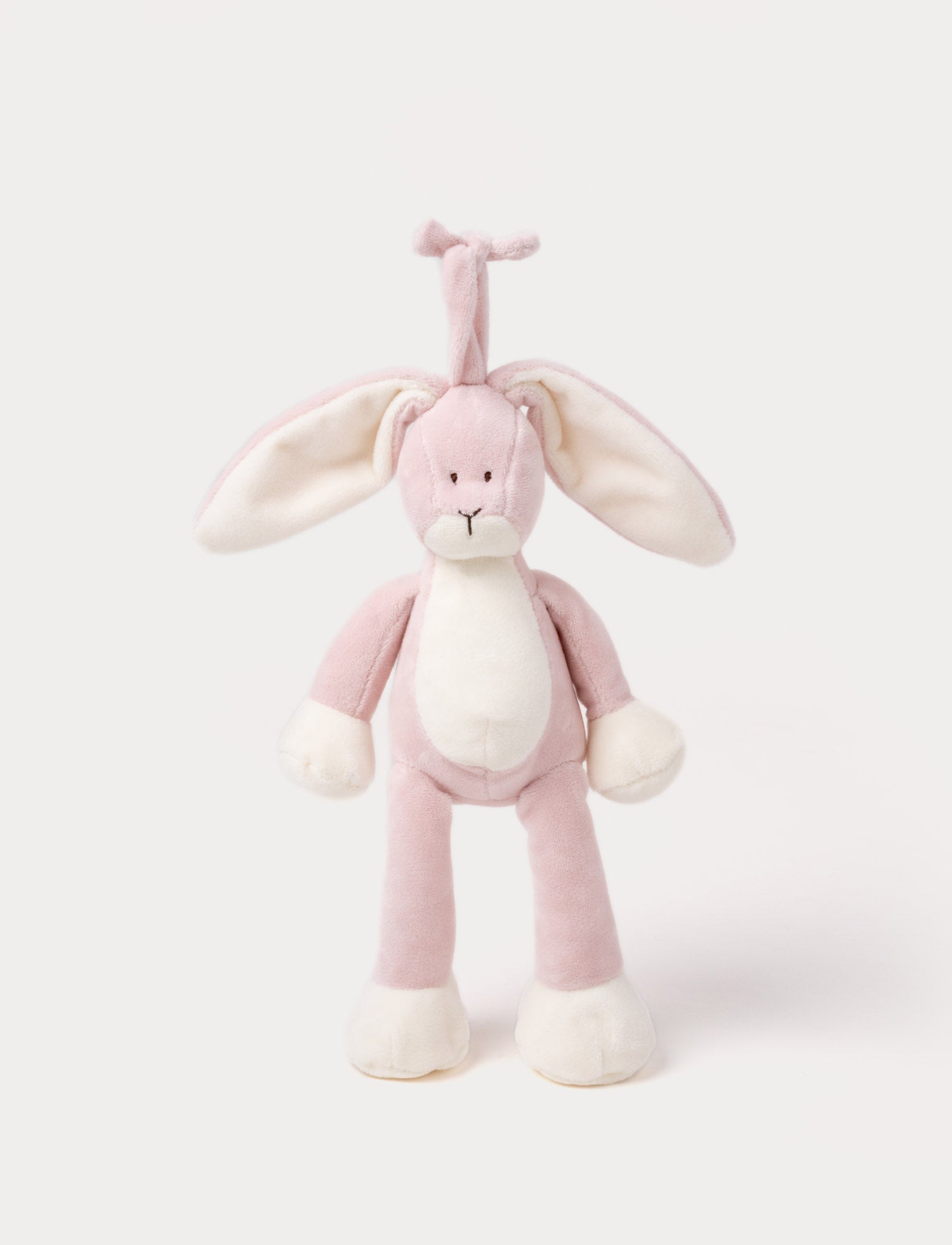  Image of A plush dusty pink bunny music box with long floppy ears, a white belly, and a hanging loop