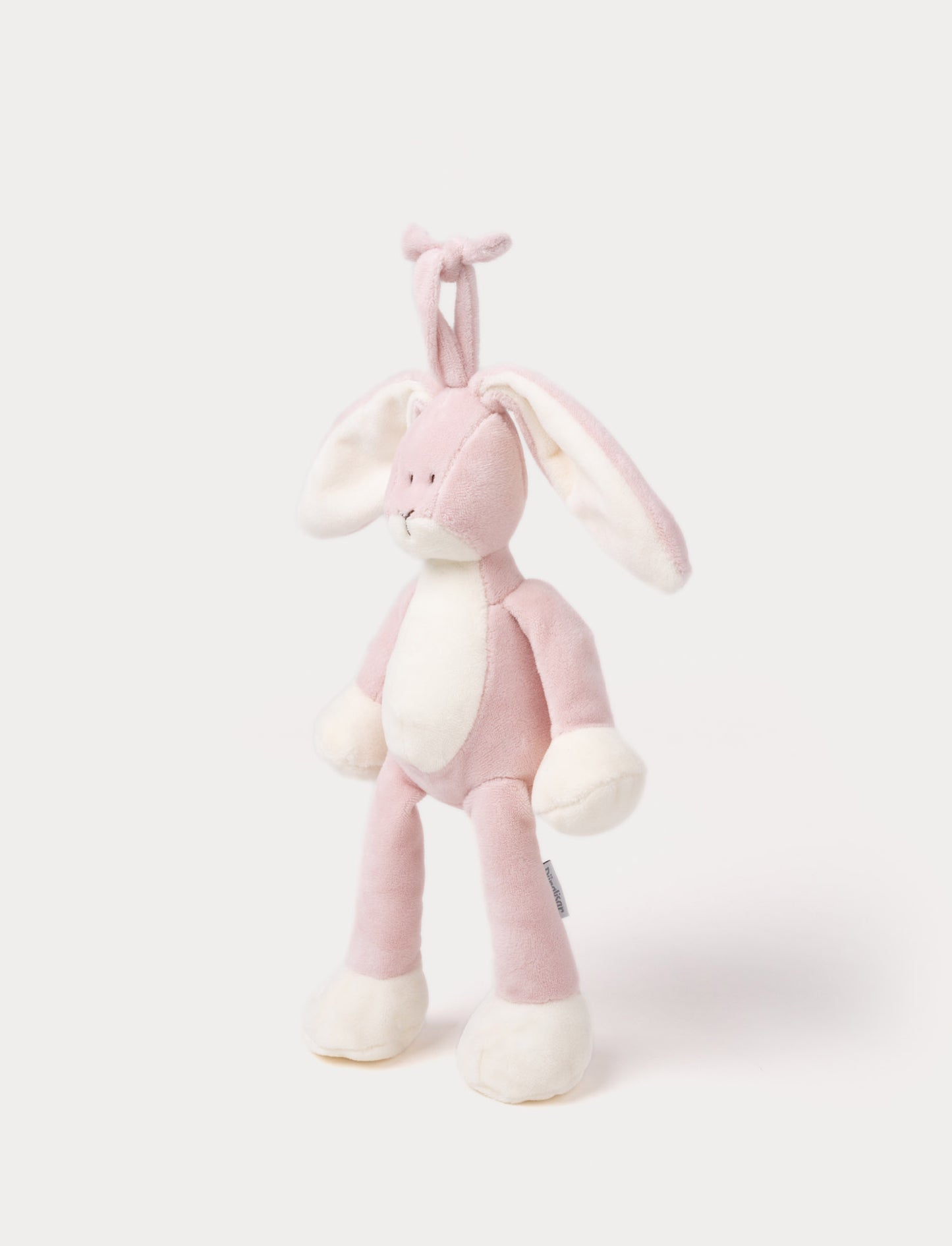 A plush dusty pink bunny music box with long floppy ears, a white belly, and a hanging loop