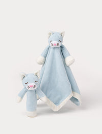Set of two blue cat plush toys, including a rattle and a comfort blanket with a cat head.