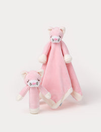 Set of two pink cat plush toys, including a rattle and a comfort blanket with a cat head.