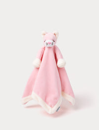 Soft baby blanket with a plush pink cat head, closed eyes, and white-trimmed edges.