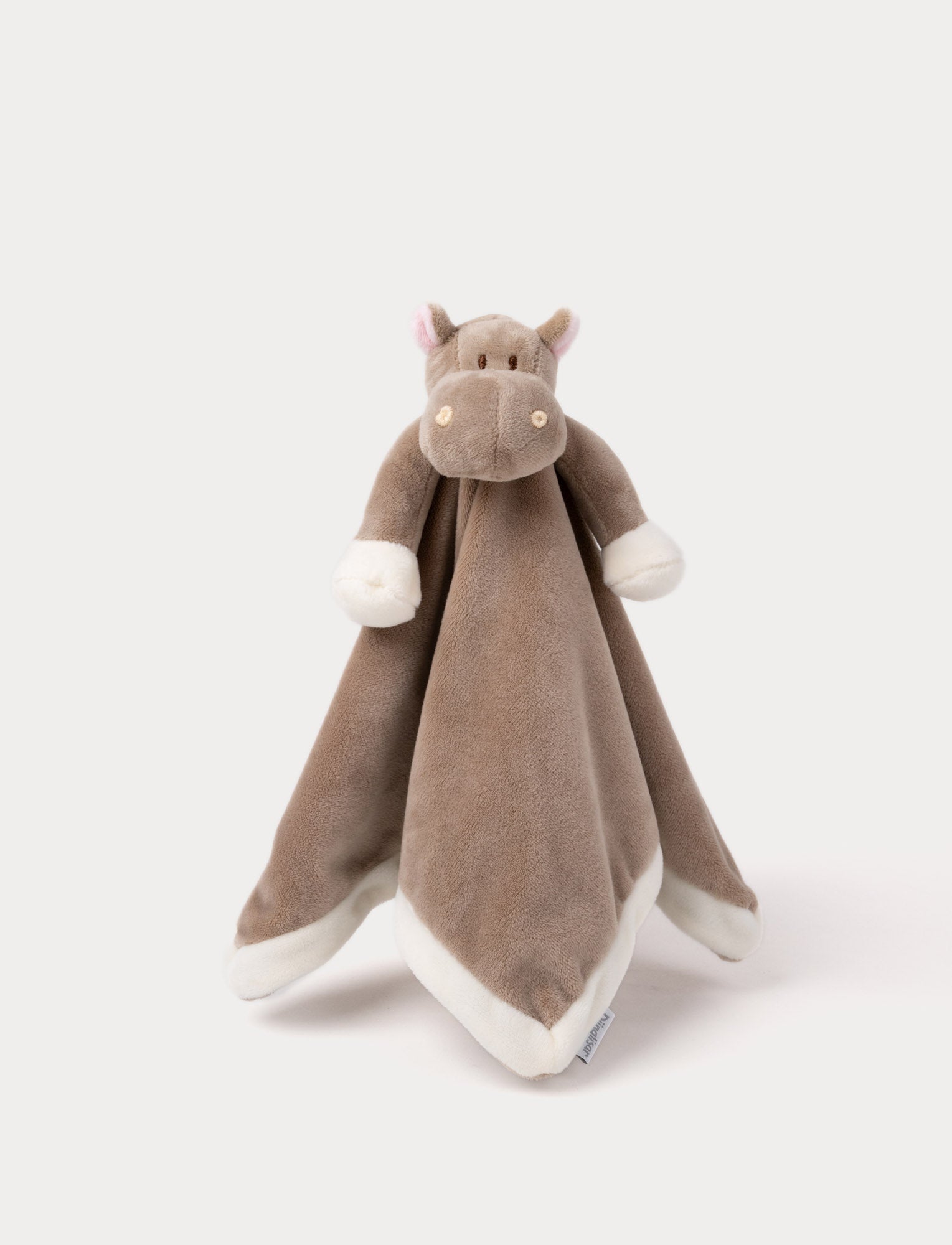  Image of Soft baby blanket with a plush brown hippo head, small pink ears, and white-trimmed edges.