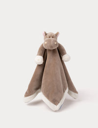 Soft baby blanket with a plush brown hippo head, small pink ears, and white-trimmed edges.