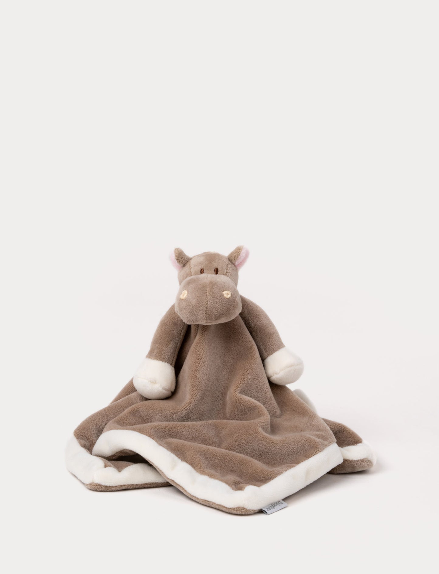 Soft baby blanket with a plush brown hippo head, small pink ears, and white-trimmed edges.
