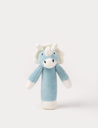 Soft plush triceratops rattle with a blue body, white horns, a frilled crest, and embroidered eyes.