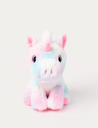 A pastel pink and blue unicorn with soft fur and embroidered eyes.