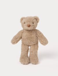 A small teddy bear with beige fur, silky plush, and embroidered eyes.