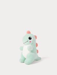 Plush dinosaur toy with a light green body and pink accents on a white background
